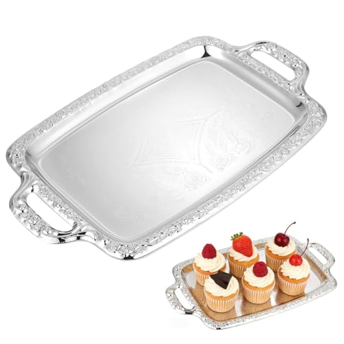 Large Silver Serving Tray for Party,Floral Engraved Serving Platters with Handles,Vintage Stainless Steel Tea Trays for Party,Rectangular Decorative Mirror Plates for Appetizer,Charcuterie,Wedding