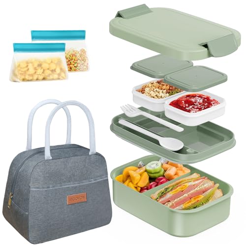 JBGOYON Bento Box and Lunch Bag Set for Work & School, Gray/Green