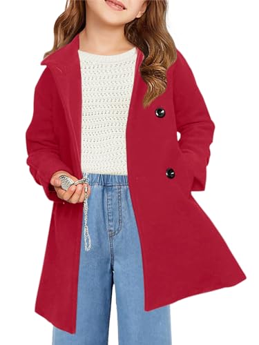 Image of Haloumoning Girls Double Breasted Pea Coat Kids Long Sleeve Notched Lapel Winter Dress Coat With Pockets 5-14 Years