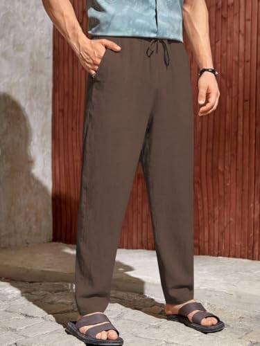Image of TOPLOT Men's Premium Linen Blend Pants | Lightweight Breathable Fabric | Elastic Waist with Drawstring | Straight Fit | Side Pockets | Perfect for Casual, Holidays & Travel (5268)