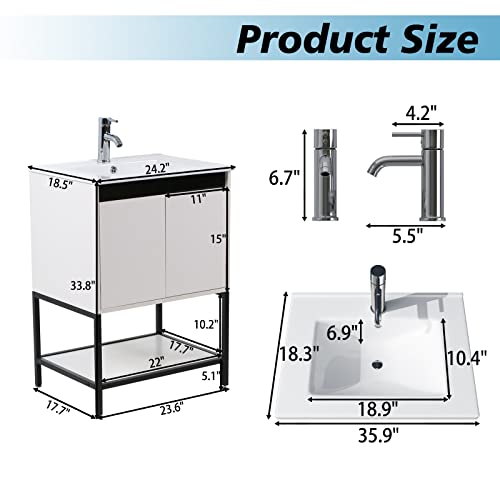 Wonline 24” Bathroom Vanity With Ceramic Sink, Bathroom Mdf Cabinet With White Wash Basin And Modern Design Chrome Faucet For Small Space #TOP1