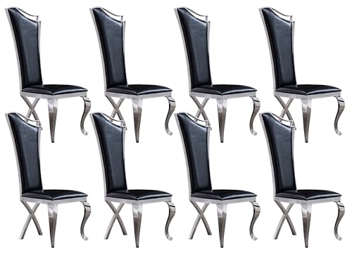 LIKUHLI Sillas de Comedor Cuero Negro, Juego de 8, sillas de Comedor tapizadas con Patas de Acero Inoxidable y Respaldo Alto, sillas de Comedor de Cuero, Comedor Moderno de Media