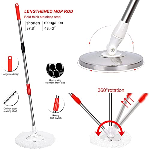 Mop And Bucket Set, 360° Spin Mop And Bucket With Wringer Set And 3 Microfiber Mop Refills, Stainless Steel 61" Extended Handle Spinning Mop Bucket System For Floor Cleaning #TOP4