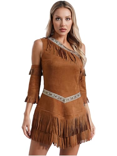 Moggemol Indisches Frauenkleid Traditionell Vintage Indianer Verkleidung Erwachsene Boho Kostüm Native American Party Karneval Halloween Braun S
