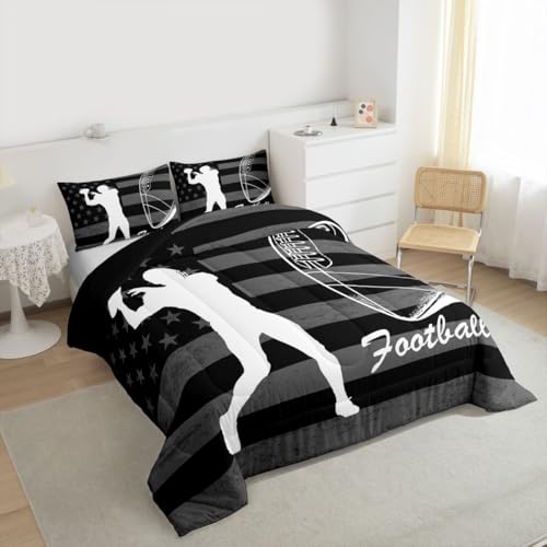 Image of Feelyou Football Player Comforter Set Full Size American Flag Bedding Set for Kids Boys Girls Rugby Gaming Sports Duvet Quilt Bedroom Decor Microfiber 3 Pcs with 2 Pillow Cases