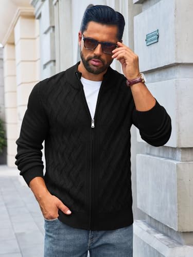 Yousify Mens Cardigan Sweater Full Zip Cable Knitted Stand Collar Cardigan Casual Long Sleeve Sweaters2