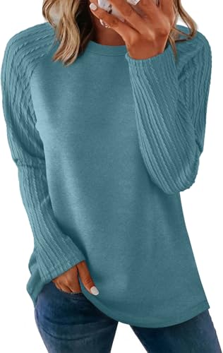 OFEEFAN Womens Tops for Teachers Long Sleeve Shirts Fall Fashion 2025 Sweatshirt for Women Tunics or Tops to Wear with Leggings Crewneck Turquoise M