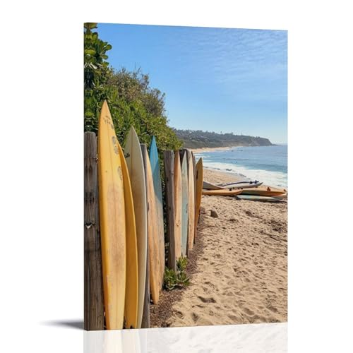 DEBAOKA Arte de pared rústico de tabla de surf para sala de estar, árboles costeros, cuadros vintage de playa sobre lienzo, póster impreso para decoración de pared del hogar, obra de arte enmarcada,