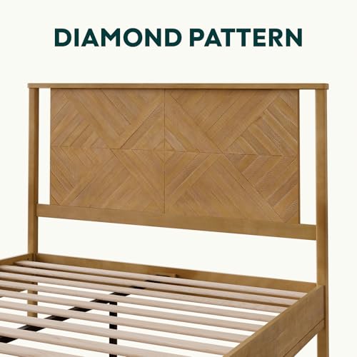 Image of Bme Ethan Queen Bed Frame with Diamond Headboard, Mid Modern, Solid Acacia Wood, No Box Spring Needed, Fits All Mattresses, Rustic Seadrift