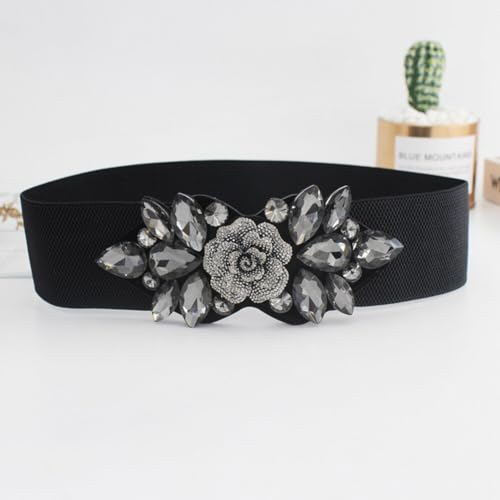 PHEZEN Plus Size Women Flower Elastic Belts Crystals Stretch Belt Wide Dressy Belt Fancy Dress Waist Accessories, Black Diamond2