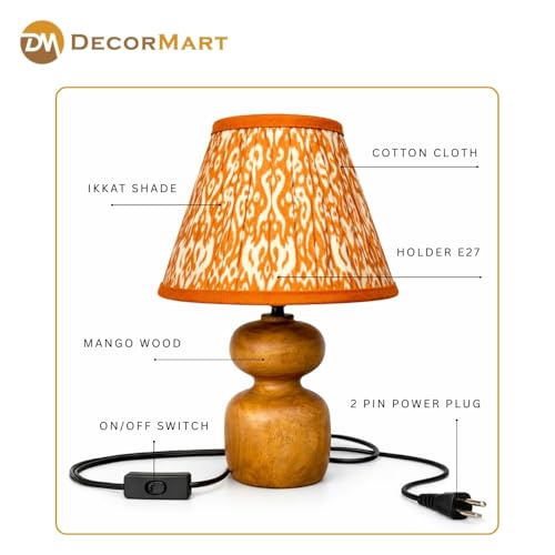 Image of The Decor Mart Printed Shade Table Lamp with Wooden Base|Sleek Decor Decorative Beside Light for Desk,Bedroom, Living Room, Home Office and Hotel(20x20x30 cm) (Orange)