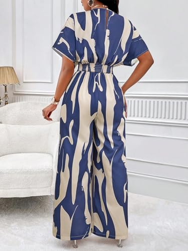 Image of PerZeal Women's V-Neck Short Sleeve Printed Jumpsuit with Pockets - Casual Wide Leg One-Piece Romper for Summer(S-XXL)