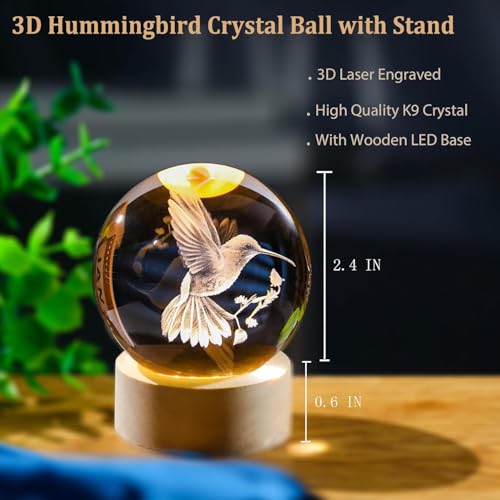Image of 3D Crystal Ball Night Lamp, Crystel Ball Night Light with USB, LED Wooden Base Table Lamp for Bedroom Home Office Decoration Birthday Gift for Boys and Girls (Hummingbird Crystal Lamp)