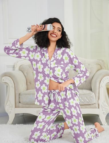 Image of SWOMOG Womens Pajamas Set Long Sleeve Sleepwear Button Down Nightwear Soft Cotton Pj Lounge Sets