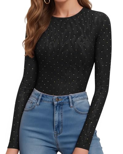 Image of MANGOPOP Womens Bodysuit Long Sleeve Crew Neck Body suit for Women Ribbed Bodysuits Shirts