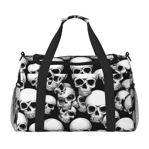 Black and white skulls pattern Print Foldable Carry On Tote Large Capacity Hand Carry Bag for Airplane Weekend Getaways