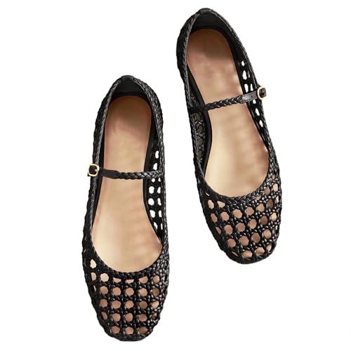 Image of Molozoey Woven Mesh Ballet Flats for Women with Metal Buckle Strap Ballerina Flat Shoes Comfortable Round Toe Mary Jane Flat.