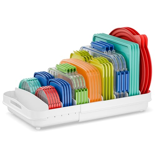 EVERIE Expandable Food Container Lid Organizer for Cabinet, Fits 12-Inch Deep or Deeper Cabinets , Adjustable 13.4" to 20.5", 10 Adjustable Dividers for lids , Drawer, Pantry and Kitchen Storage