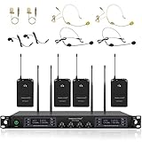Wireless Microphone System, Phenyx Pro Quad Channel Cordless Mic Set with Four Bodypacks and Headsets/Lapels, 4x40 Channels, Auto Scan,328ft Coverage, Ideal for DJ, Church,Events(PTU-7000B)