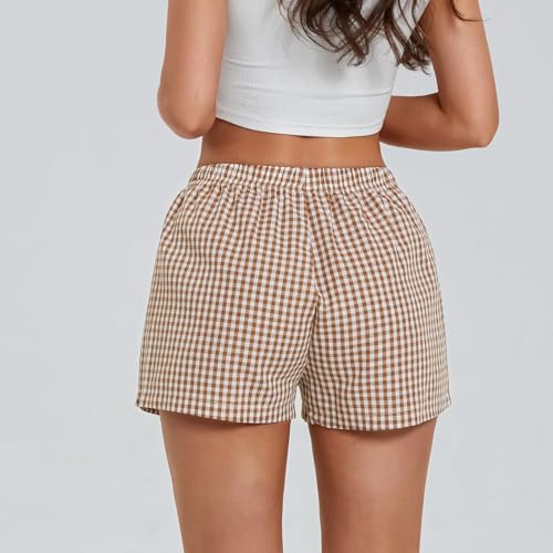 Image of Women Y2k Gingham Boxer Shorts Plaid Striped Cute Mini Bloomers Elastic Waist Loose Fit Summer Shorts