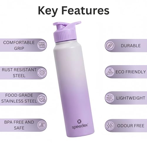 Image of Speedex Stainless Steel Metal Water Bottle 1 Ltr 1000 ml, BIS Approved, Leak Proof Sipper Cap Bottle for Office, School, Gym, Travel, Daily Use for Men, Women, Kids, Adults, Dual Purple, Set of 3