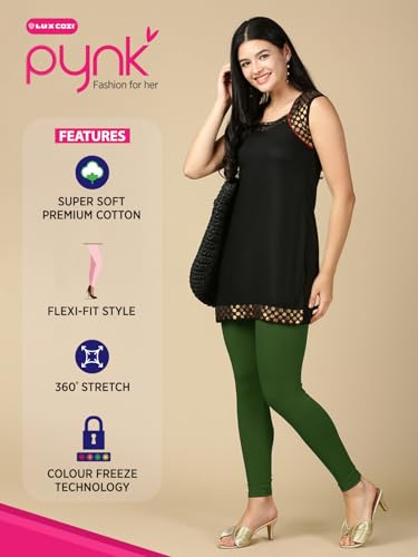 Image of PYNK Solid Premium Cotton Lycra Ankle Length Leggings for Women| Regular Fit Elastic Waist Ankle Length /Cropped Length Leggings for Women |Leggings Women Ankle Length | Free Size