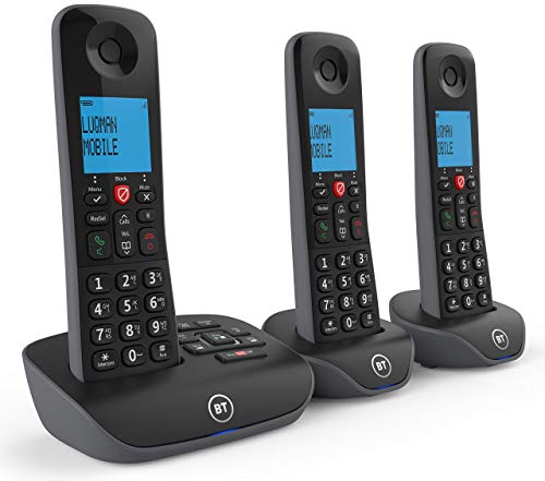 BT Essential Cordless Home Phone with Nuisance Call Blocking and Answering Machine, Trio Handset Pack, Black (Renewed)