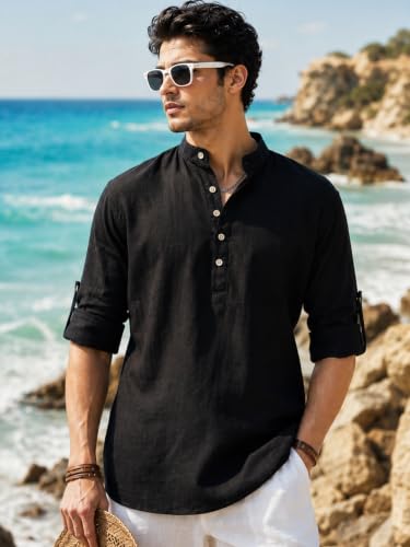 Image of Majestic Man Men's Pure Cotton Solid Mandarin Collar Slim Fit Roll-Up Sleeves Short Kurta Lightweight Summer Kurta for Daily & Occasion Use