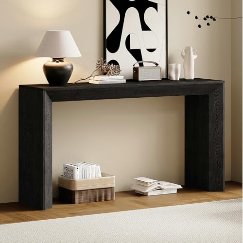 LUMISOL Modern Console Table with 2 Concealed Drawers, Waterfall Design Entryway Table with Thickened Legs & Rustic Wood Grain, for Living Room Hallway Foyer, Black