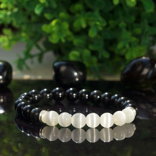 Black Obsidian & White Selenite Agate Bracelet – Chakra Healing Energy Balancing Crystal Bracelet for Protection & Mindfulness Gift2