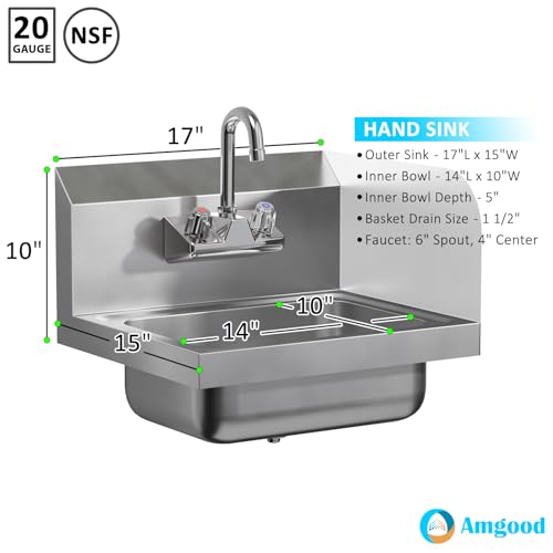 Image of Stainless Steel Wall Mounted Hand Sink 17 in. x 15 in. with Right Side Splash and Gooseneck Faucet