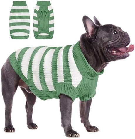 ALAGIRLS Striped Knitted Dog Sweater Cat Clothes, Turtleneck Pullover Chenille Knit Winter Chenille Clothes for Small Dogs Cats, Ugly Christmas Holiday Pet Apparel, Green XS