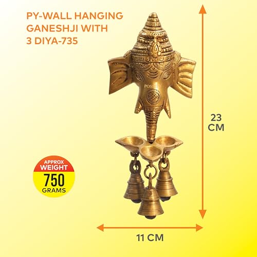 Image of Ganesha Wall Hanging with Diya and Bells -Positive Energy, Ganpati Decor, Lord Ganesha Idol, Hindu Spiritual Decor, Temple Decoration, Pooja Room Essential, Good Luck Charm|Shubh Labh - 735