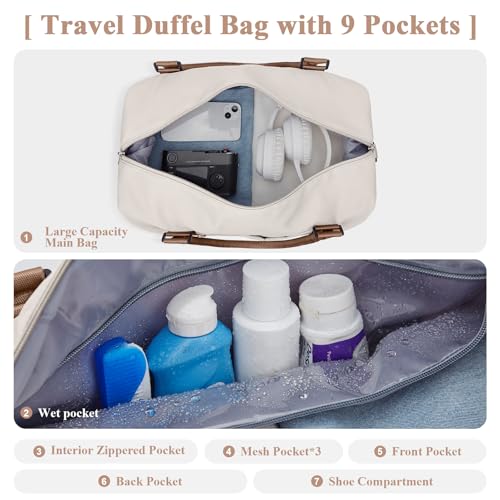 BJLFS Weekender Bag for Women Travel Duffel Bag with Shoes Compartment Lightweight Carry on Luggage Bag for Airplanes Overnight Duffle Bag Waterproof Beach Bag Sports Gym Tote Beig image 7