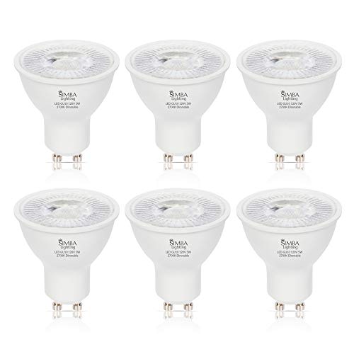 Simba Lighting LED GU10 5W Dimmable Spot Light Bulb (6 Pack) Halogen 50W Replacement MR16 Shape for Accent, Recessed, Track Lighting, 38° Beam, 120V, Twist-N-Lock Bipin Base, 2700K Warm White