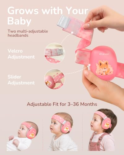 Image of iClever Baby Headphones for Noise Protection for 3-36 Months, NRR 18dB | 15 Adjustable Anti-Slip Headband, Washable, Baby Ear Muffs Noise Protection for Fireworks /Airplane /Sport Event, Focus EM03