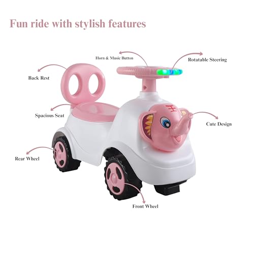 Image of kidsROAR Push Ride On Car for Kids 1-5 Years | Baby Push Car with Music, 3D Lights & Backrest | Premium Ride On Toy Supports Up to 35kg (Elephant, Pink)
