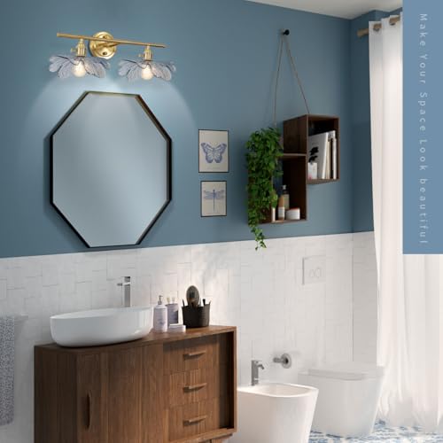 Image of 2 Light Bathroom Vanity Light Gold Brass Wall Sconce with Blue Flower Glass Shade Mid Century Wall Light Vintage Wall Sconce Art Deco Bathroom Lights Over Mirror for Bedroom Hallway Living Room