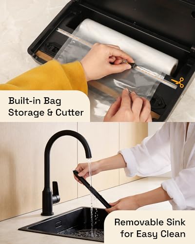 Image of HBN Food Vacuum Sealer Machine, 80kPa Automatic Vacuum Sealer for Dry & Moist Food, Hands-Free Lid, Stainless Steel, Built-in Cutter & Bag Storage, Includes 1 Roll & 20 Bags