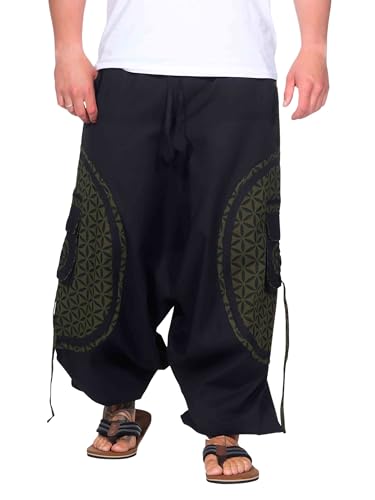 Kunst und Magie Trendige Haremshose Bunte Muster Goa Hippie Hose, Größe:XXL, Farbe:Schwarz/Army Green