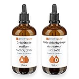 Dioxyde de Chlore   Kit de Production   2 Flacons Compte Gouttes en Verre de 100 ML   Chlorite de Sodium (NaClO2) 25% et Acide chlorhydrique (HCI) 4%   Désinfectant   Qualité supérieure