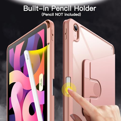 JETech Rotating Case for iPad Air 11 Inch M3/M2 (2025/2024), iPad Air 5/4 (2022/2020, 5th/4th Generation, 10.9 Inch) with Pencil Holder, 360° Rotating Protection, Stand Cover, Clear Back, Auto Wake