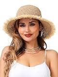 LA CARRIE Womens Sun Hat Floppy Packable Wide Brim UV Protection UPF 50+ Straw Hat with Fringe for Summer Beach(Khaki)