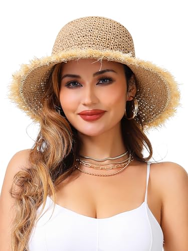 LA CARRIE Womens Sun Hat Floppy Packable Wide Brim UV Protection UPF 50+ Straw Hat with Fringe for Summer Beach(Khaki)