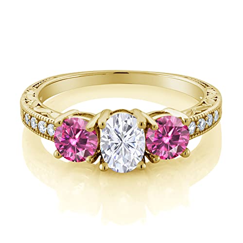 Gem Stone King 18K Yellow Gold Plated Silver Personalized and Customized Engagement Ring For Women | 7X5MM Oval and 5MM Round 3 Stone Birthstones and Moissanite | Available In Size 5, 6, 7, 8, 93