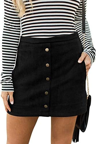 Meyeeka Suede Skirt for Women Casual A-line Mini Skirt Button Up Going Out Outfit Black M