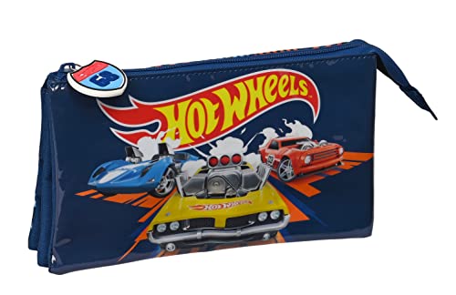 Hot Wheels Speed Club - Portatodo Triple, Estuche Infantil, Estuche Niño, Ideal Para Niños De 5 A 14 Años, Cómodo Y Versátil, Calidad Y Resistencia, 22X3X12 Cm, Color Azul Marino Y Naranja