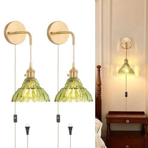 Image of Shenmoyl Vintage Plug in wall sconces Set of 2, 4.9FT Corded Wall Lamps with Green Lily of The Glass Shade Hanging, Green sconces wall Decor for Bedroom Living Room Hallway Doorway
