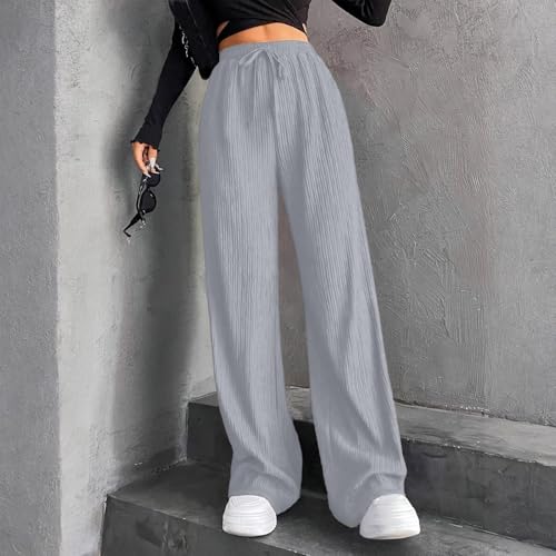 Wide Leg Casual Pants Woman Elastic High Waisted Trousers Pants Drawstring Ribbed Trendy Ladies Y2k Bottoms2