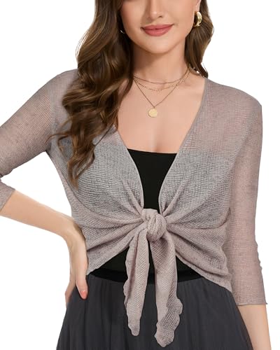 Image of Women Crop Cardigan Sheer Mesh Bolero Shrug for Dress Tie Front 3 /4 Sleeve Tops